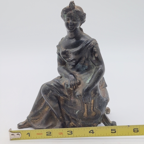 Antique Greek Muse With Lyre Metal Statue - Picture 7 of 8